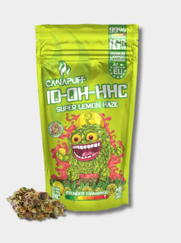 10-OH-HHC Blüten Super Lemon Haze 99% mit Verpackung und Blüte auf grauem Hintergrund