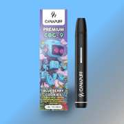 Canapuff CBG9 Einweg Vape Pen Blueberry Cookie mit 79% CBG9. Die Verpackung zeigt ein verspieltes, farbenfrohes Design mit einem Roboter vor einem Hintergrund aus Blaubeeren und Gebäck. Der Einweg-Pen enthält 1 ml CBG9-Destillat mit süßem, fruchtigem Blaubeer-Cookie-Aroma und bietet bis zu 300 Züge