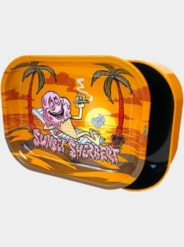 Best Buds Rolling Tray Sunset Sherbet 18×14cm - Tray auf Aufbewahrungsbox, Motiv sichtbar