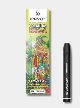CanaPuff HHC-A Green Crack Vape Pen mit 2 Verpackungen auf grauem Hintergrund