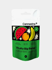 CBG9 Blüten Fruity Big Bang von Cannastra Verpackung mit tropischem Fruchtmotiv hochwertige Cannabis Alternative