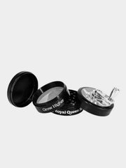 Royal Queen Seeds Metall Grinder offen mit Sieb mehrteilig hochwertiger Kräutergrinder Zubehör Detailansicht