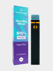 H4CBD Vape Pen Gorilla Glue von Canntropy mit Verpackung und schwarzem Vape Gerät frontal dargestellt