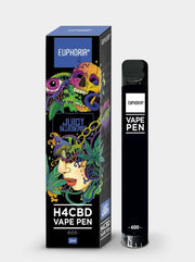H4CBD Vape Pen Juicy Blueberry von Euphoria mit Verpackung und schwarzem Einweg Vape Gerät