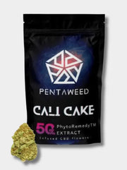 Pentaweed Cali Cake CBD Blüten – 50 % PhytoRemedy™ Extract, hochkonzentrierte CBD-Blüte in schwarzer Verpackung.