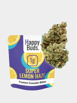 Super Lemon Haze Cannabis Blüten 1g Happy Buds mit Zitrus Design