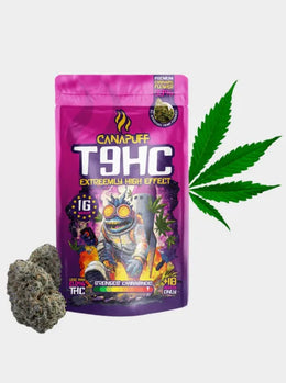 T9HC Blüten Extremely High Effect von Canapuff 1g mit dichter Cannabisblüte und freigestellter Produktdarstellung