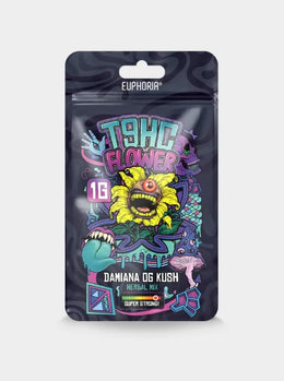 T9HC Flower Damiana OG Kush 1g von Euphoria Herbal Mix auffällige Verpackung starke Cannabisblüten